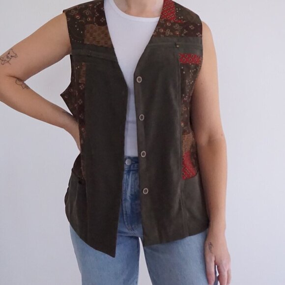 Tops - Vintage Lana Lee Canada Olive Green Paisley Patchwork Button Up Vest 16 L